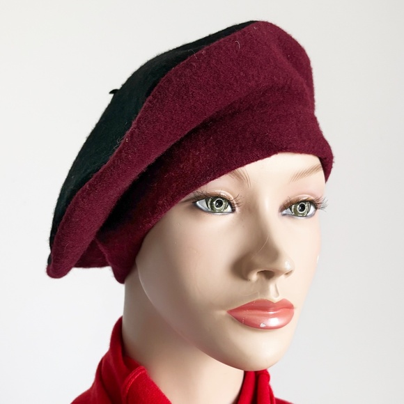 Vintage Norma Kamali for Stetson Wool Beret – Black & Burgundy Two-Tone (1980s) - Picture 5 of 14